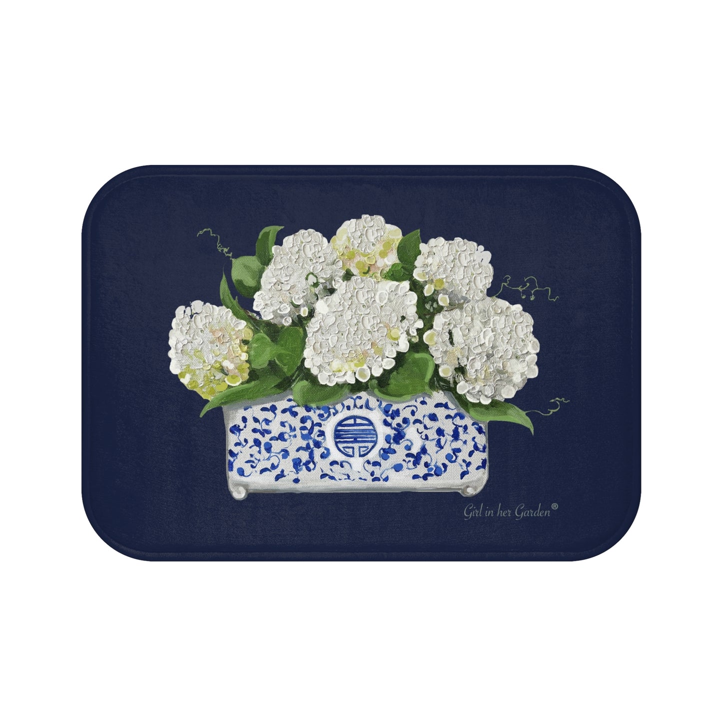 Kitchen, Bath Cushion Mat, Navy with White Hydrangeas Chinoiserie Planter