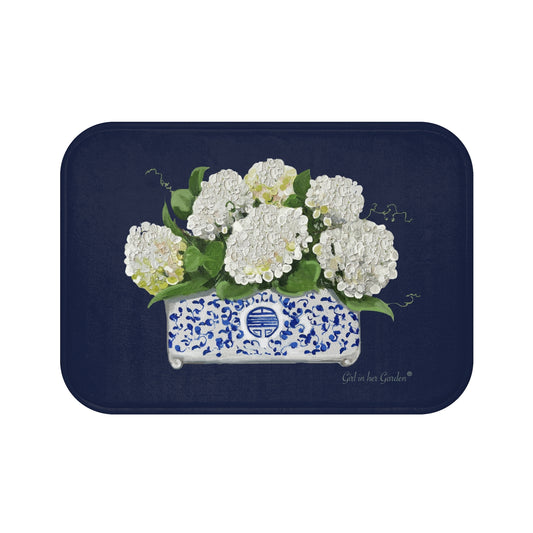 Kitchen, Bath Cushion Mat, Navy with White Hydrangeas Chinoiserie Planter