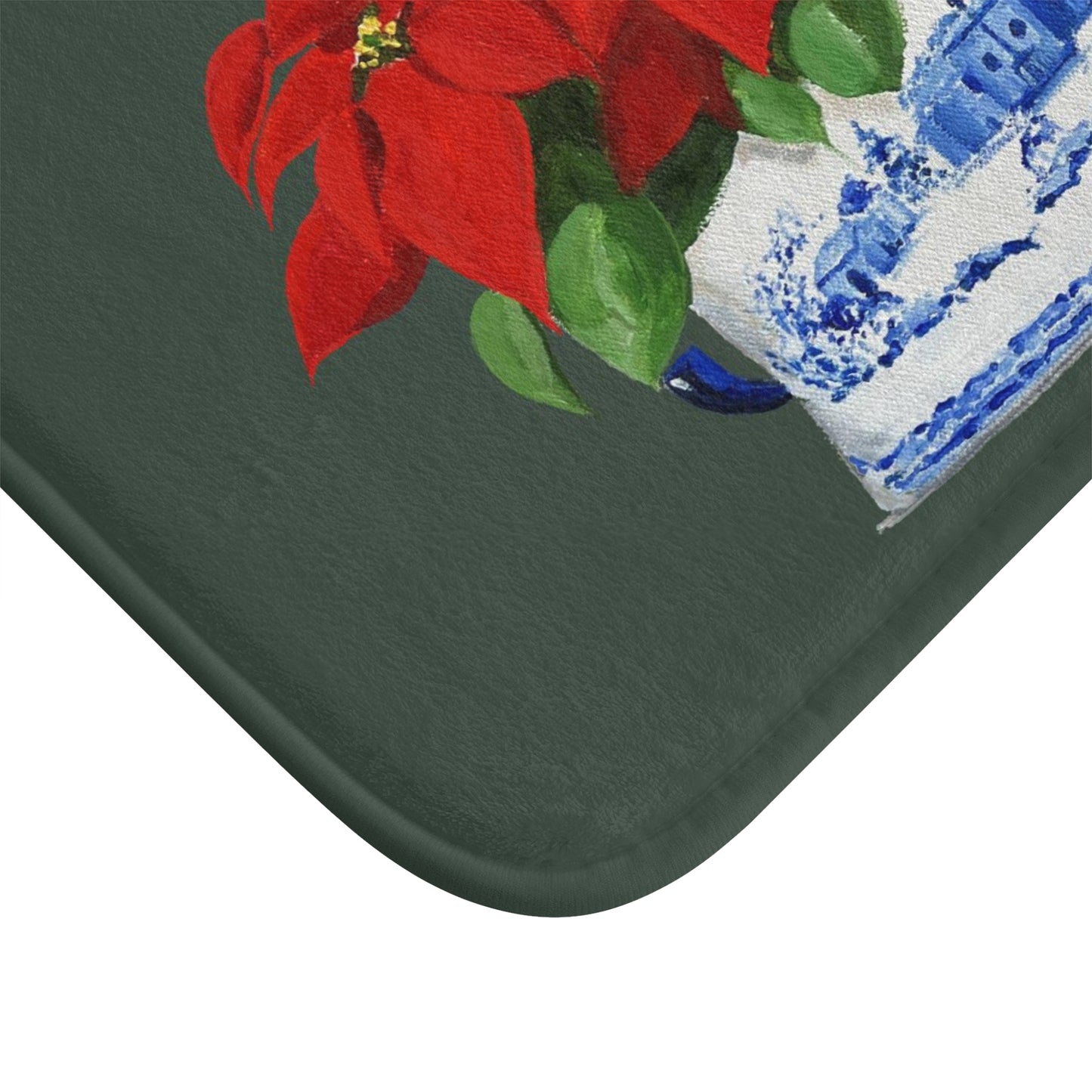 Kitchen, Bath Cushion Mat, Green Christmas Poinsettias