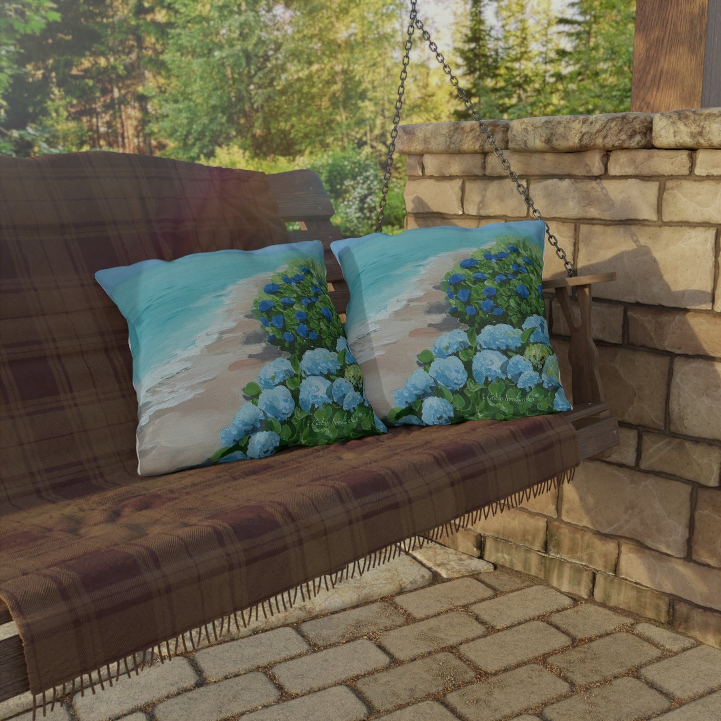 Hydrangeas on the Beach Outdoor Pillows