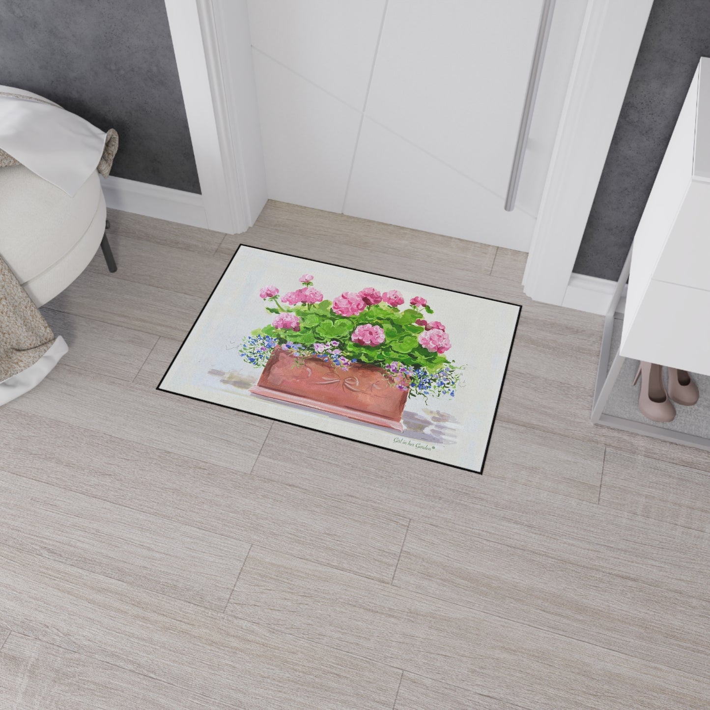 Painted Pink Geraniums Rubber Floor Mat