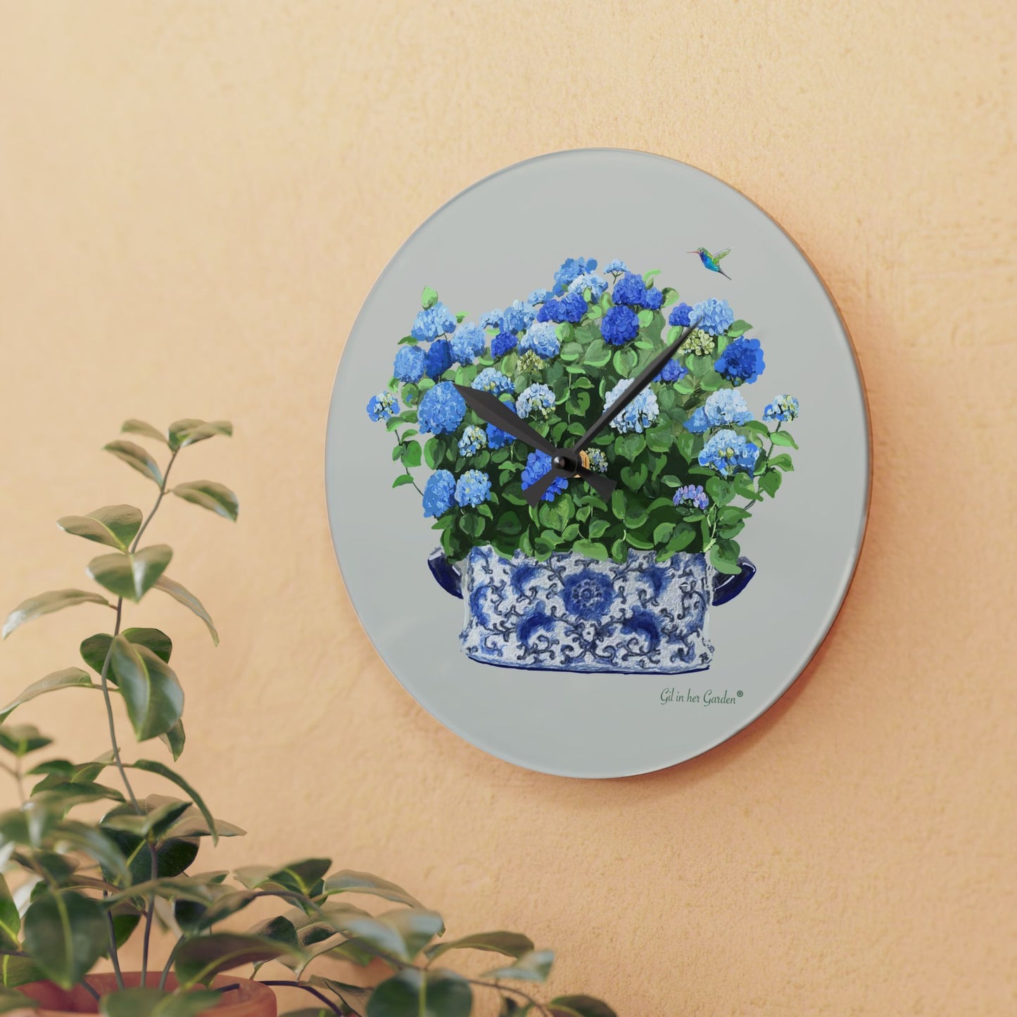 Blue Hydrangeas Chinoiserie Wall Clock