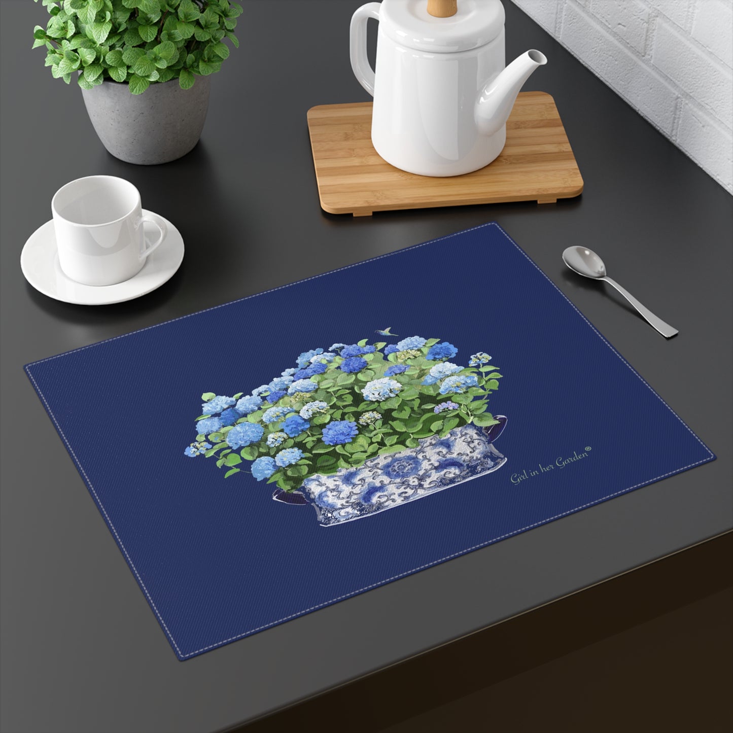 Navy Hydrangea Placemat -Set of Two