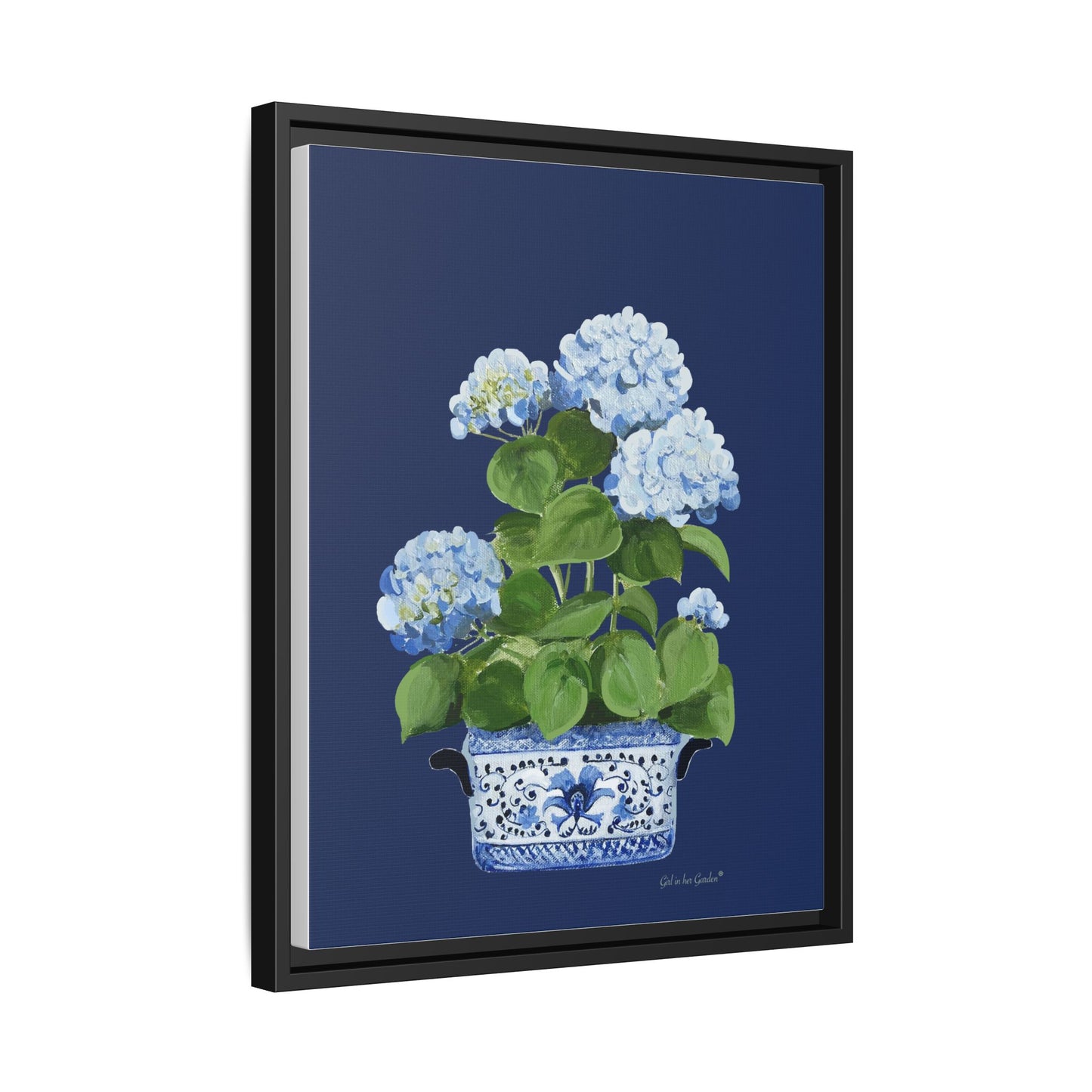 Blue Hydrangea Chinoiserie Framed Canvas Print,  Navy Floral Oil Painting Wall Art Framed
