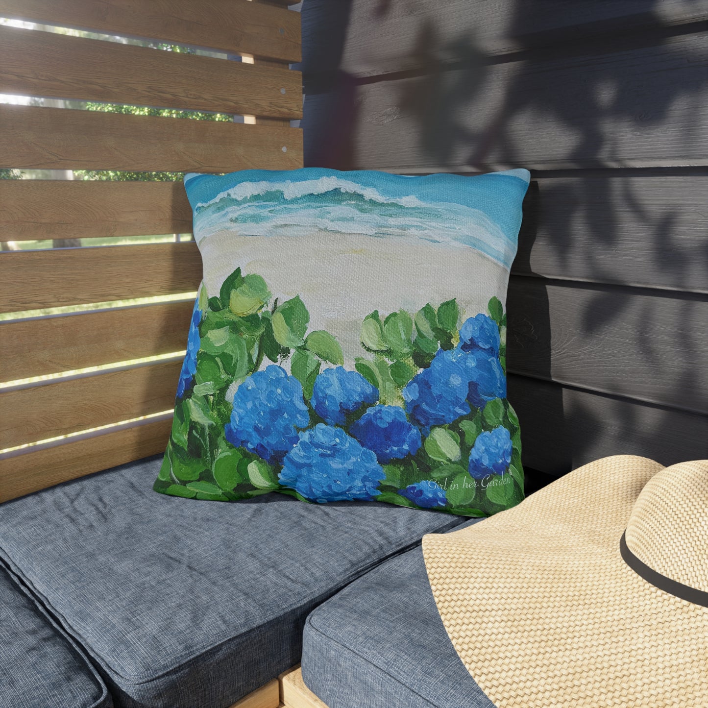 Blue Hydrangeas on the Beach Outdoor Pillows