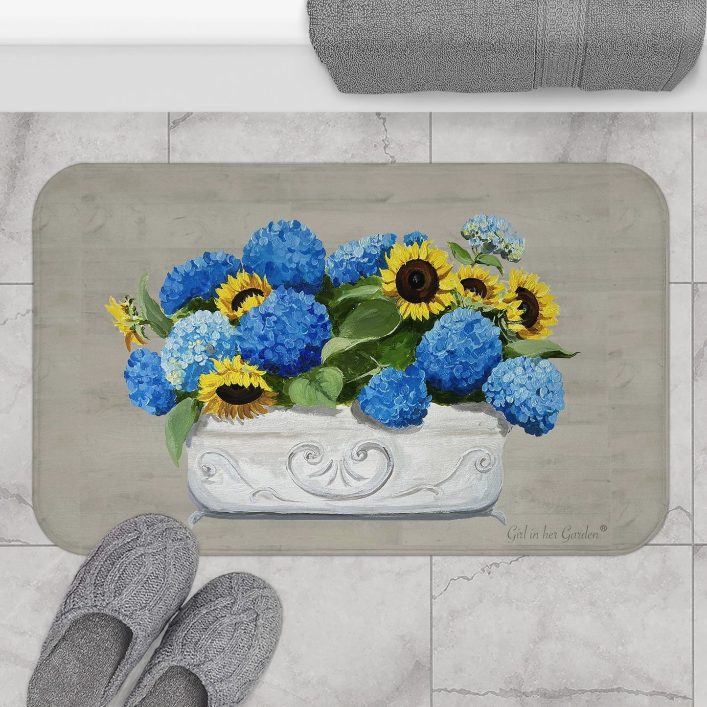 Kitchen, Bath Cushion Mat, Beige Sunflowers & Hydrangeas Planter