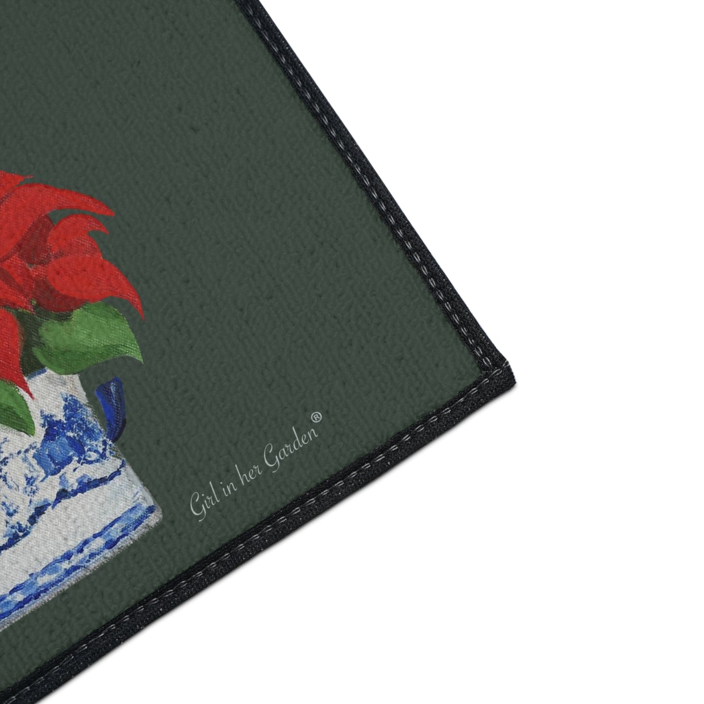 Green Christmas Poinsettias Rubber Floor Mat