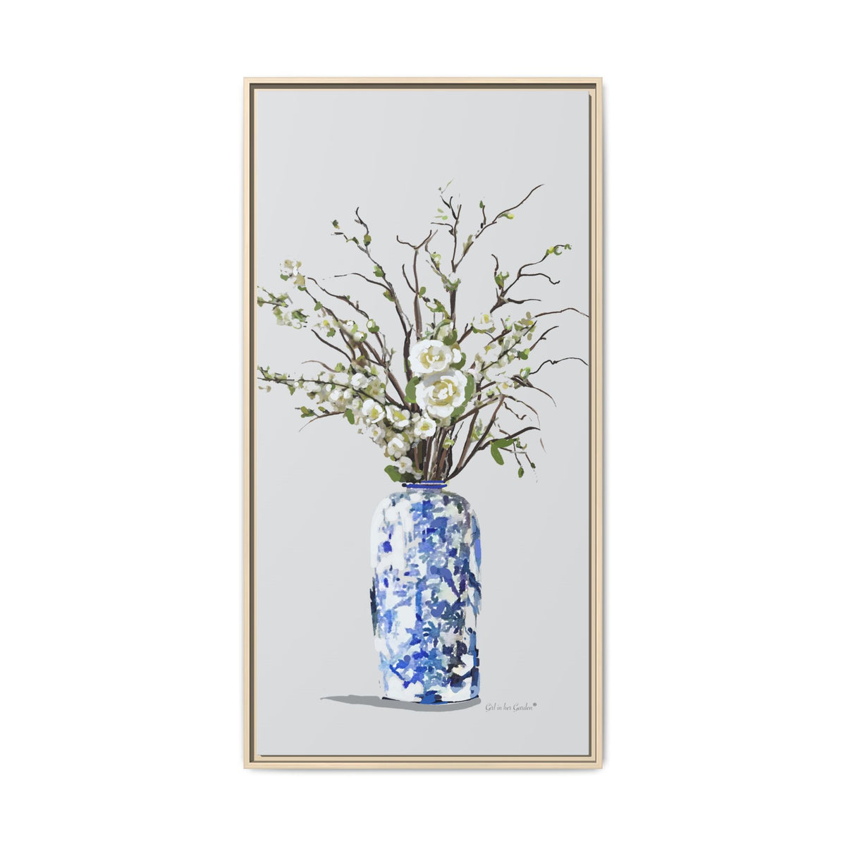 White Flowers Chinoiserie Vase, Framed Canvas