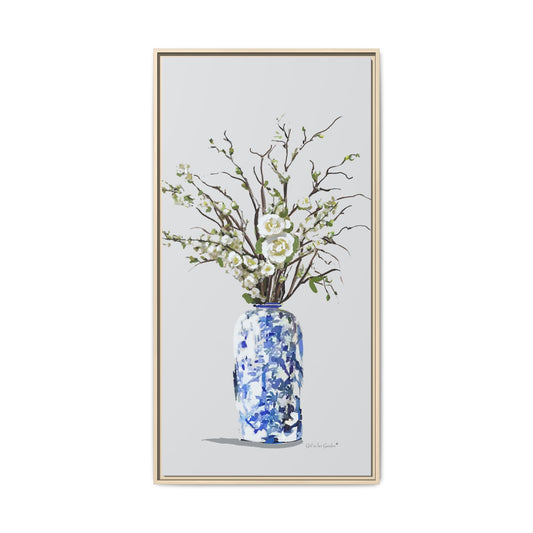 White Flowers Chinoiserie Vase, Framed Canvas