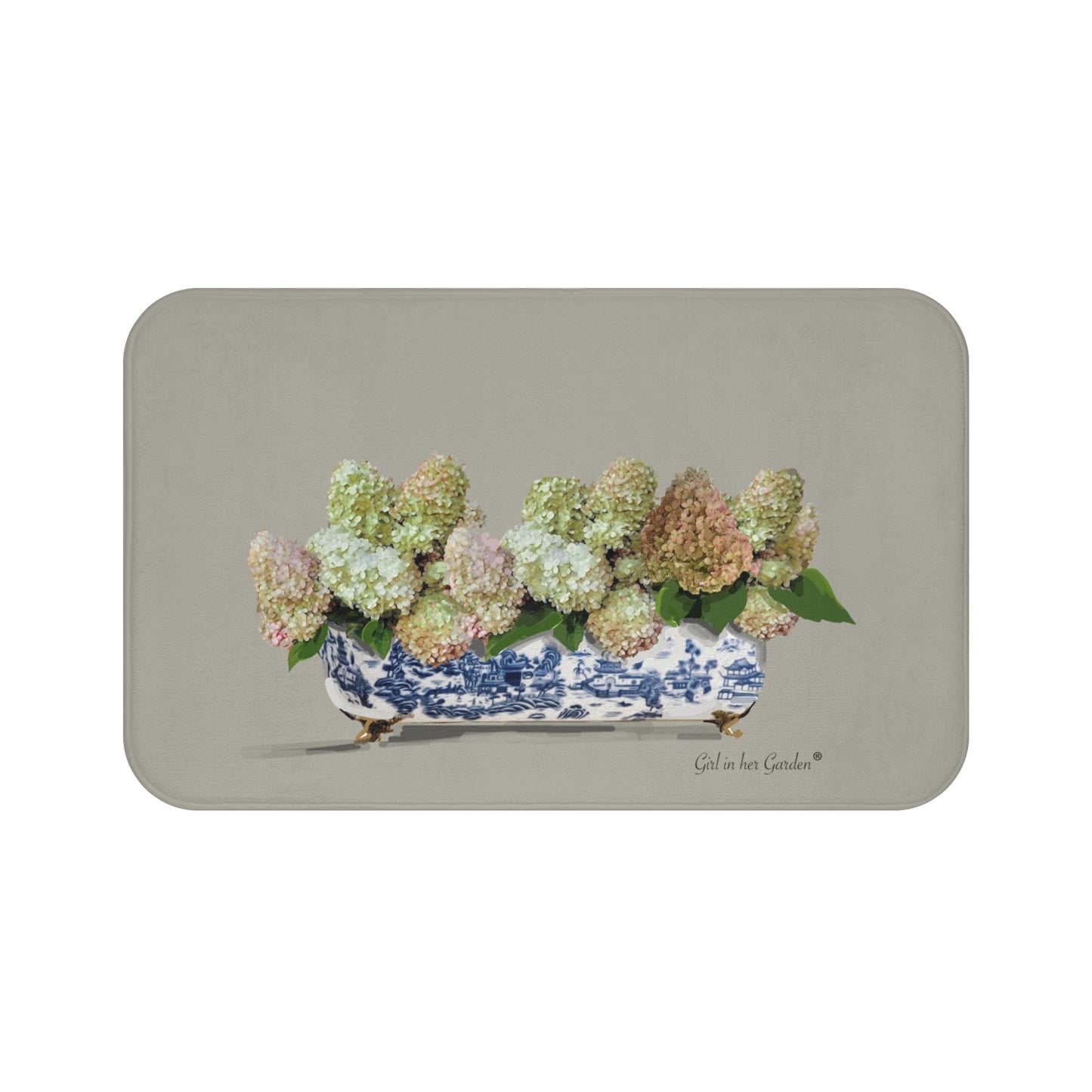 Beige PeeGee Hydrangea KItchen & Bath Cushion Mat