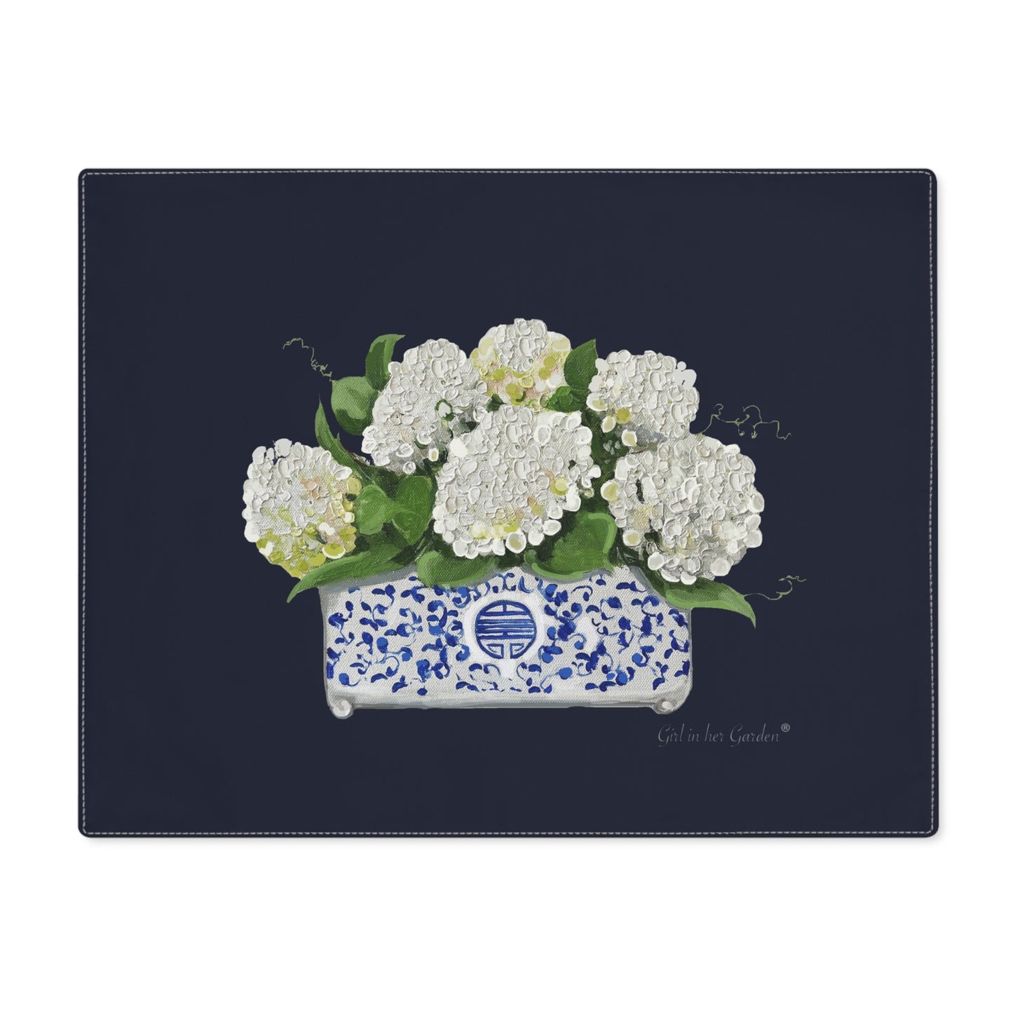 White Hydrangeas Navy Placemat-Set of Two