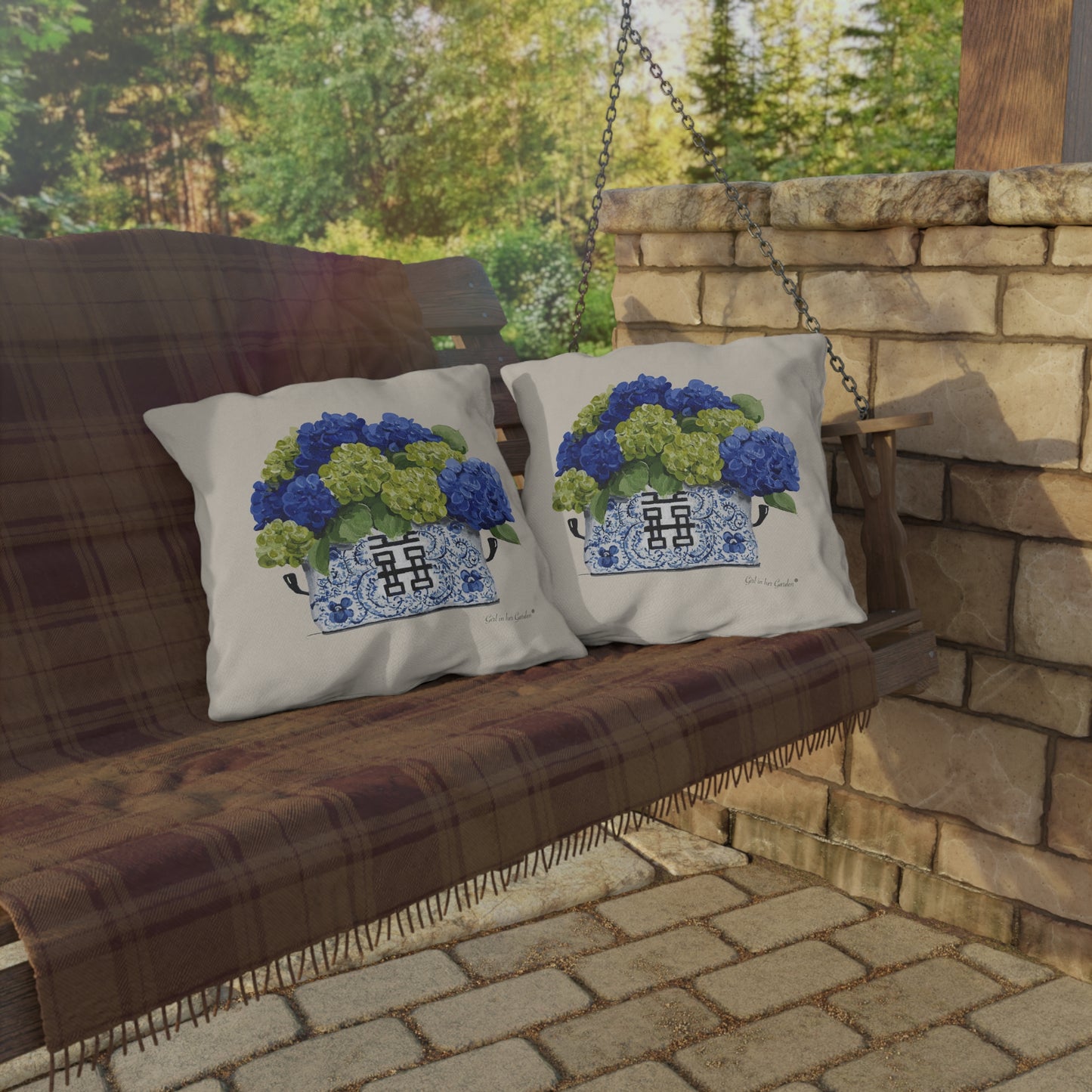 Dark Blue & Lime Green Hydrangeas Planter Outdoor Pillow, Pillow Cover