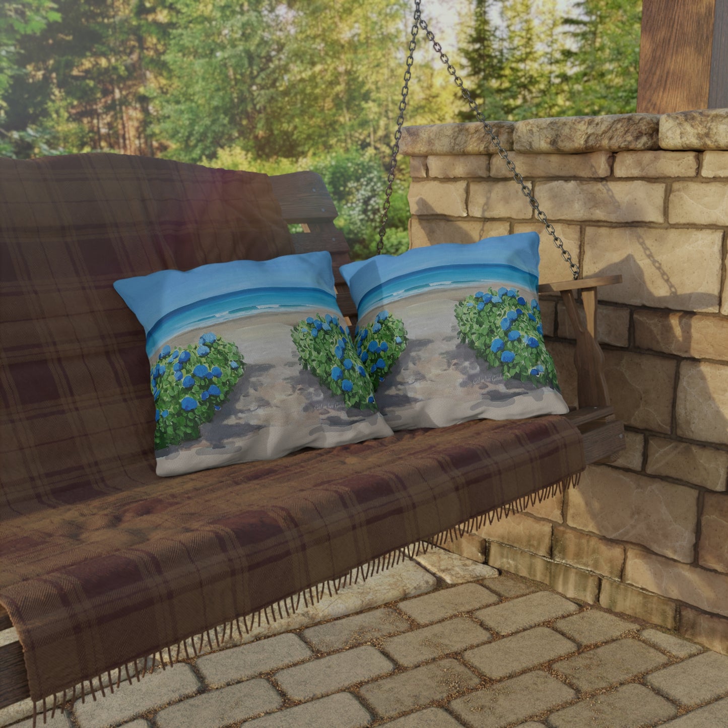 Beach Scene with Hydrangeas Outdoor Pillow