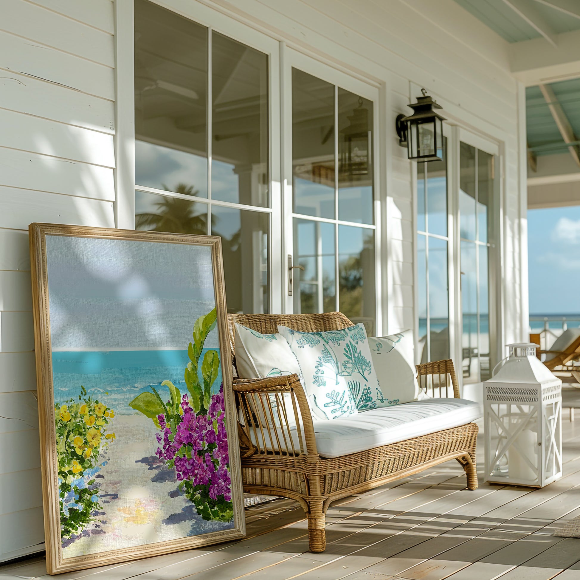A framed beach and floral art print leans against a white shiplap wall on a porch next to a wicker bench with white and blue patterned pillows.