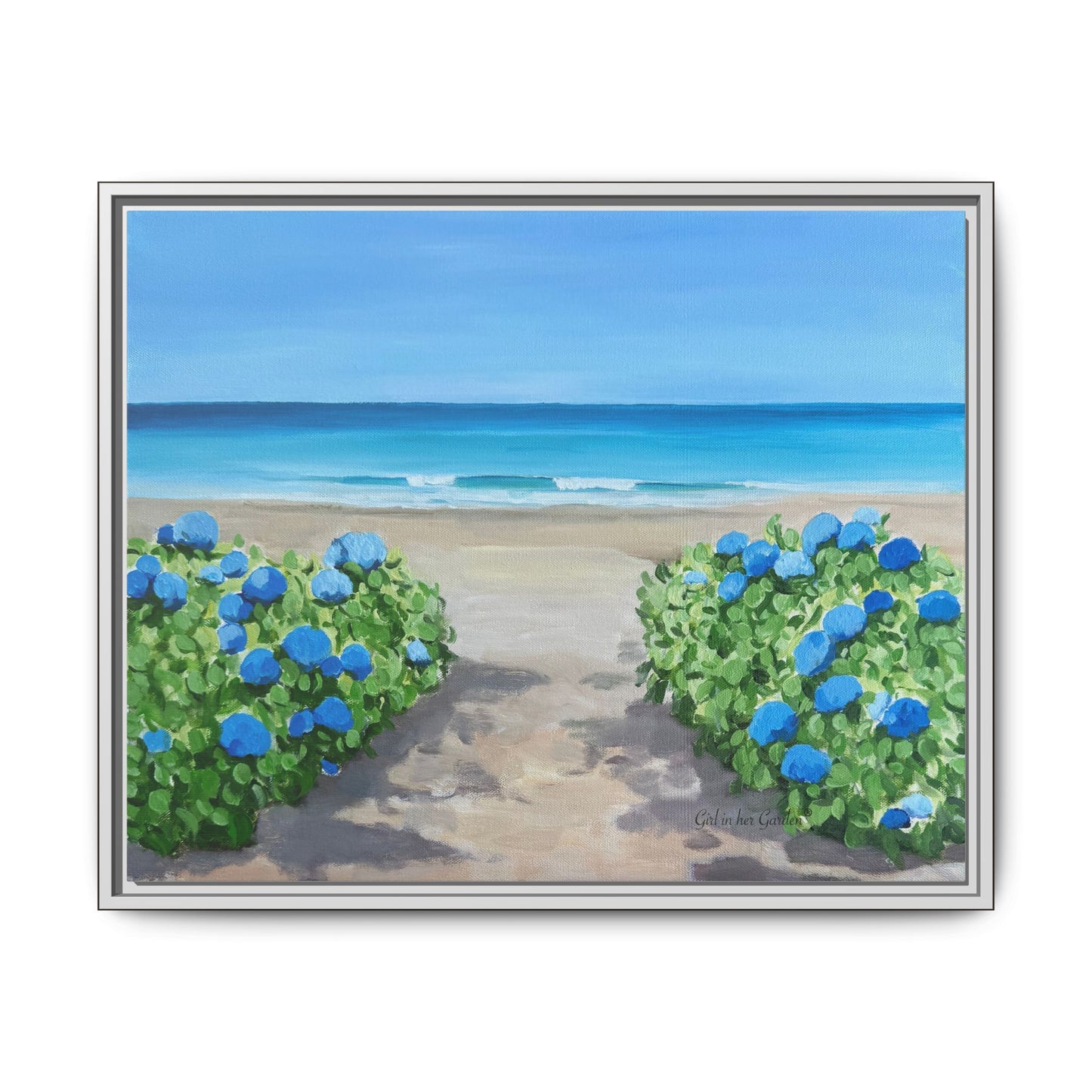 Hydrangeas on the beach Matte Canvas, Framed (Multi-color)