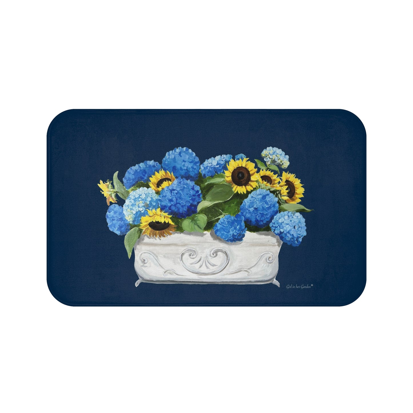 Kitchen, Bath  Cushion Mat, Navy Sunflowers & Hydrangeas Planter