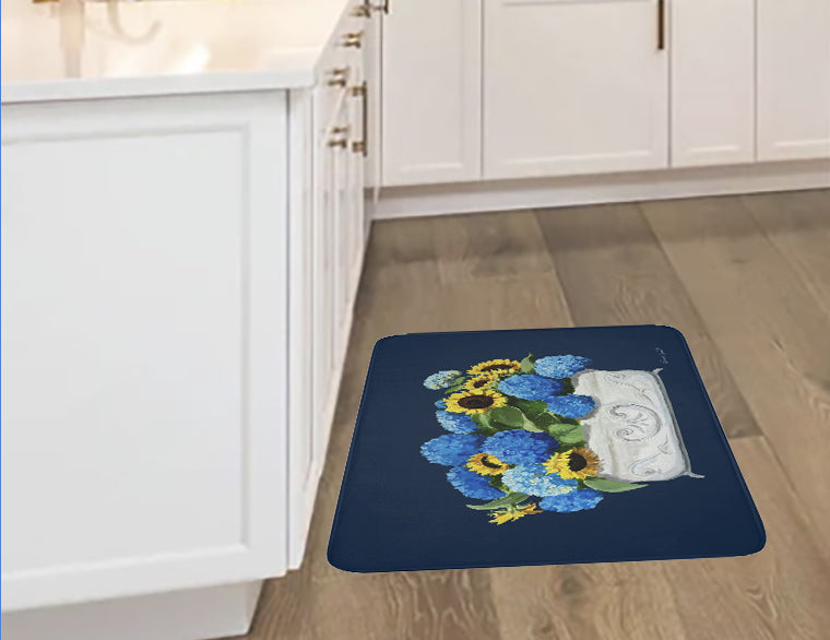 Kitchen, Bath  Cushion Mat, Navy Sunflowers & Hydrangeas Planter