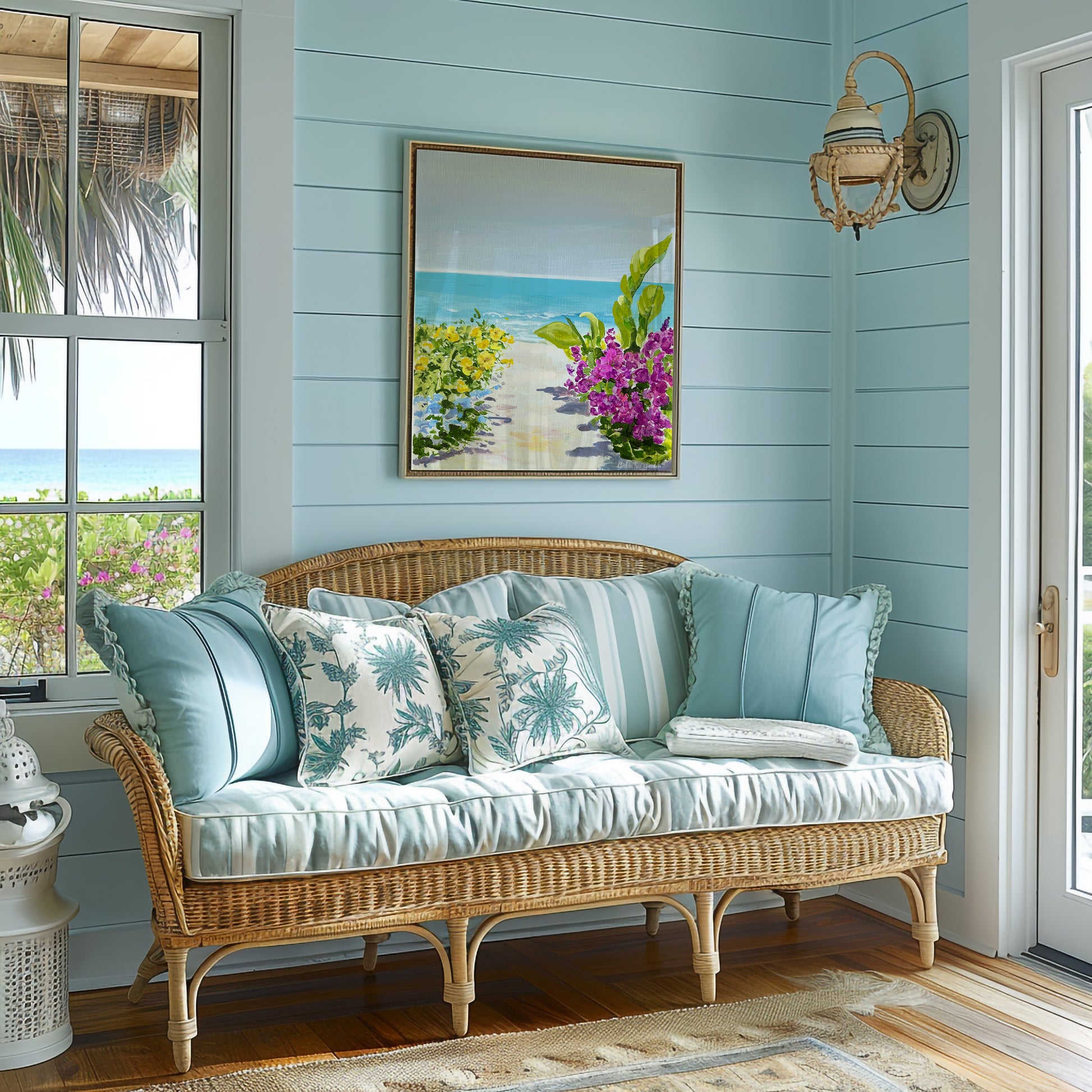 A wicker bench with light blue and white tropical-patterned cushions in a coastal-style room with light blue shiplap walls and a framed beach painting.