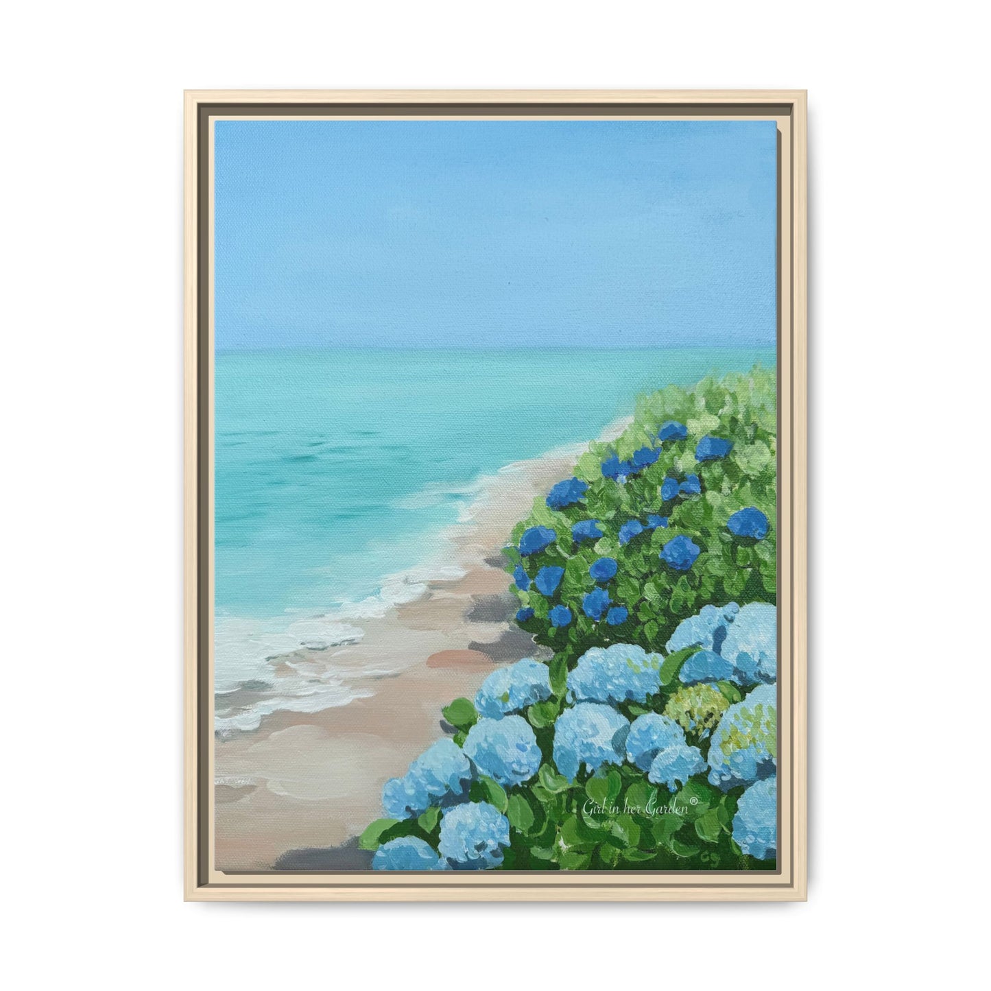 Hydrangeas by The Sea Framed Canvas Print