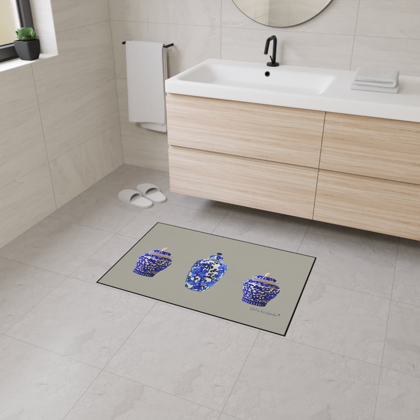 Heavy Duty Indoor Outdoor Rubber Floor Mat, Beige Chinoiserie Vase