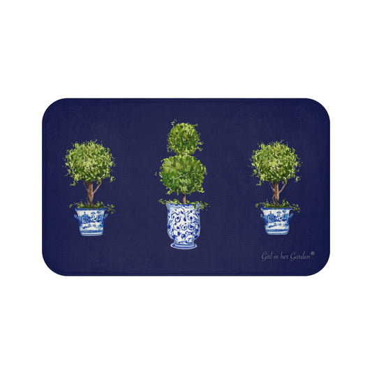 Kitchen, Bath Cushion Mat. Navy Triple Topiary