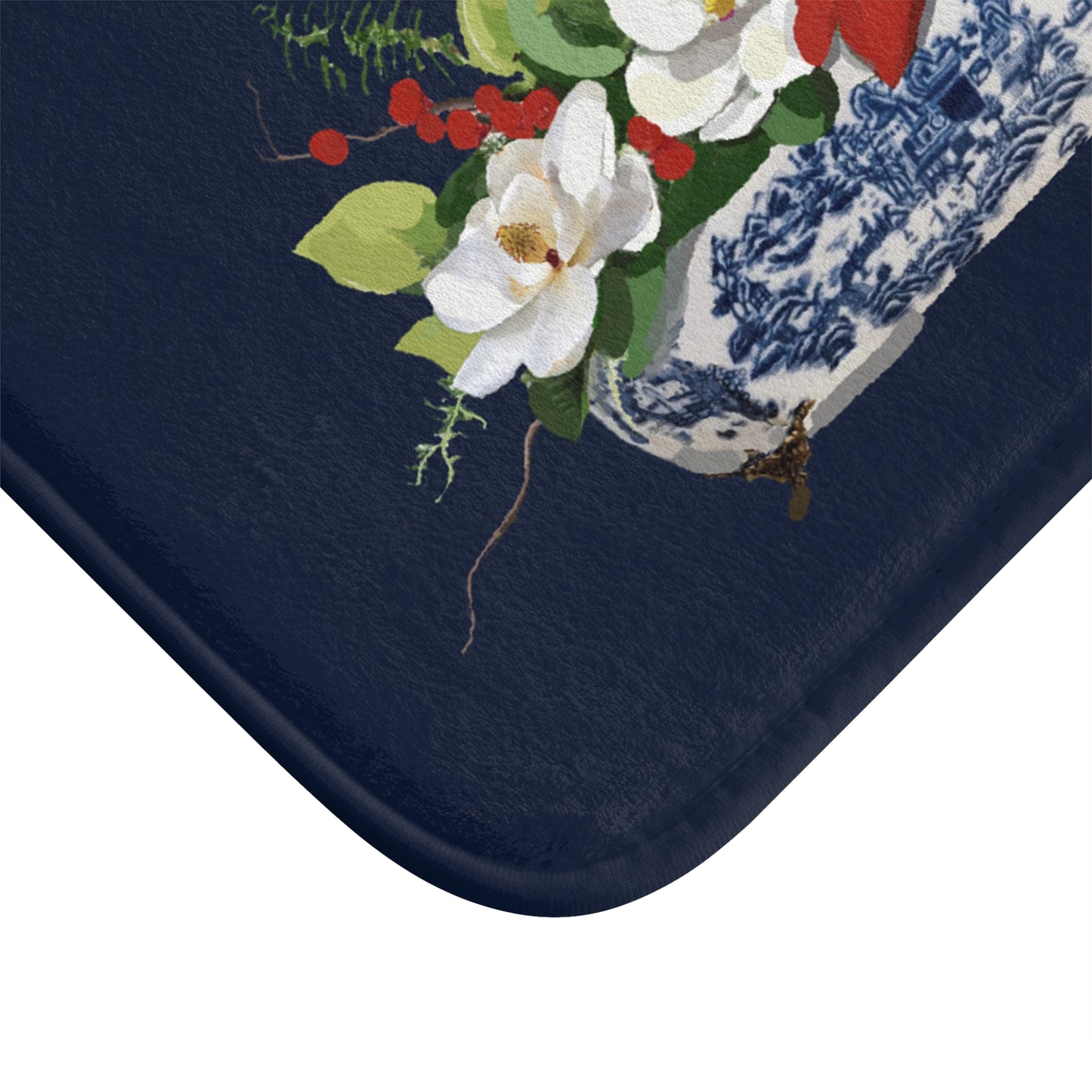 Navy Christmas Magnolia Planter, Kitchen & Bath Cushion Mat