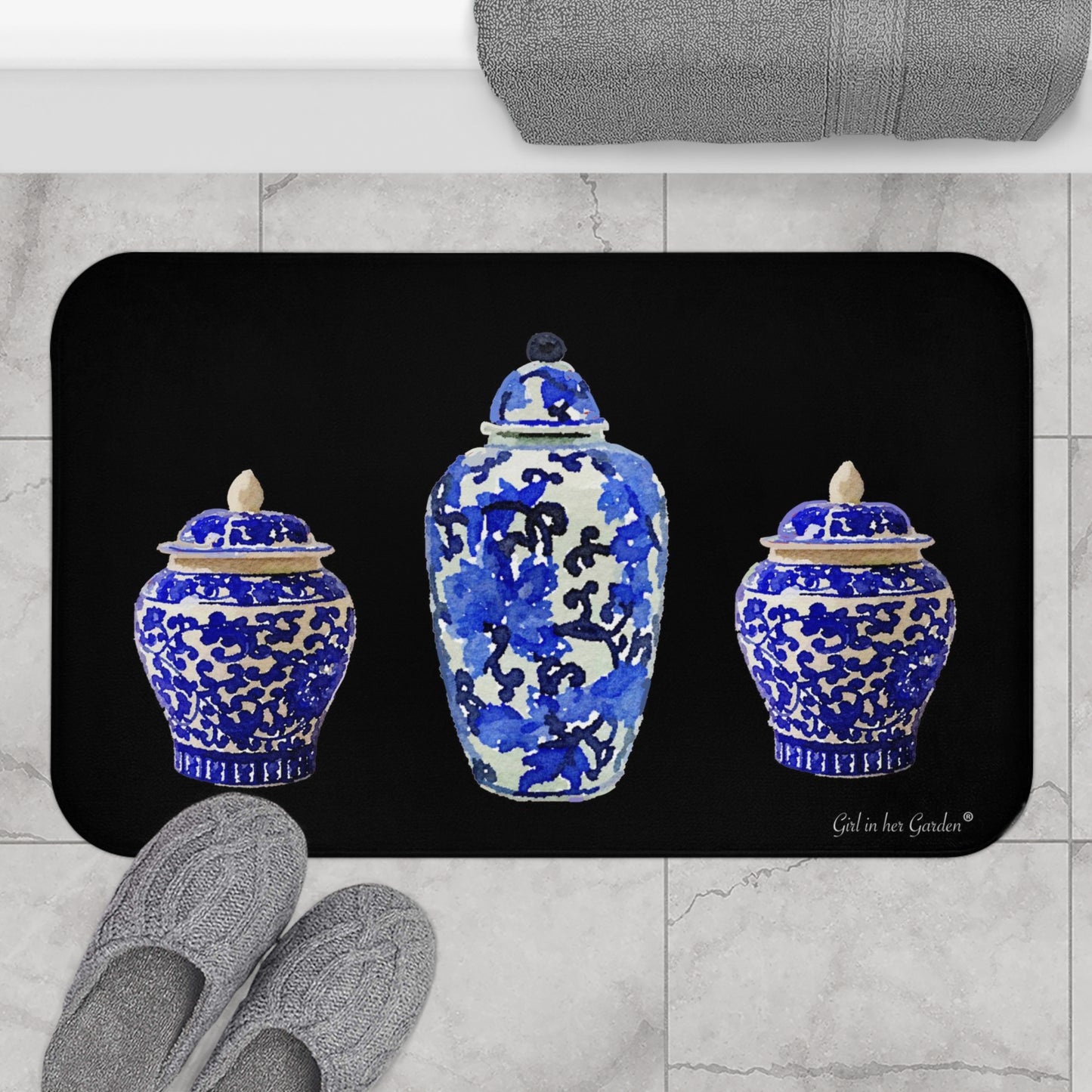 Kitchen, Bath Cushion Mat, Black Chinoiserie Vase