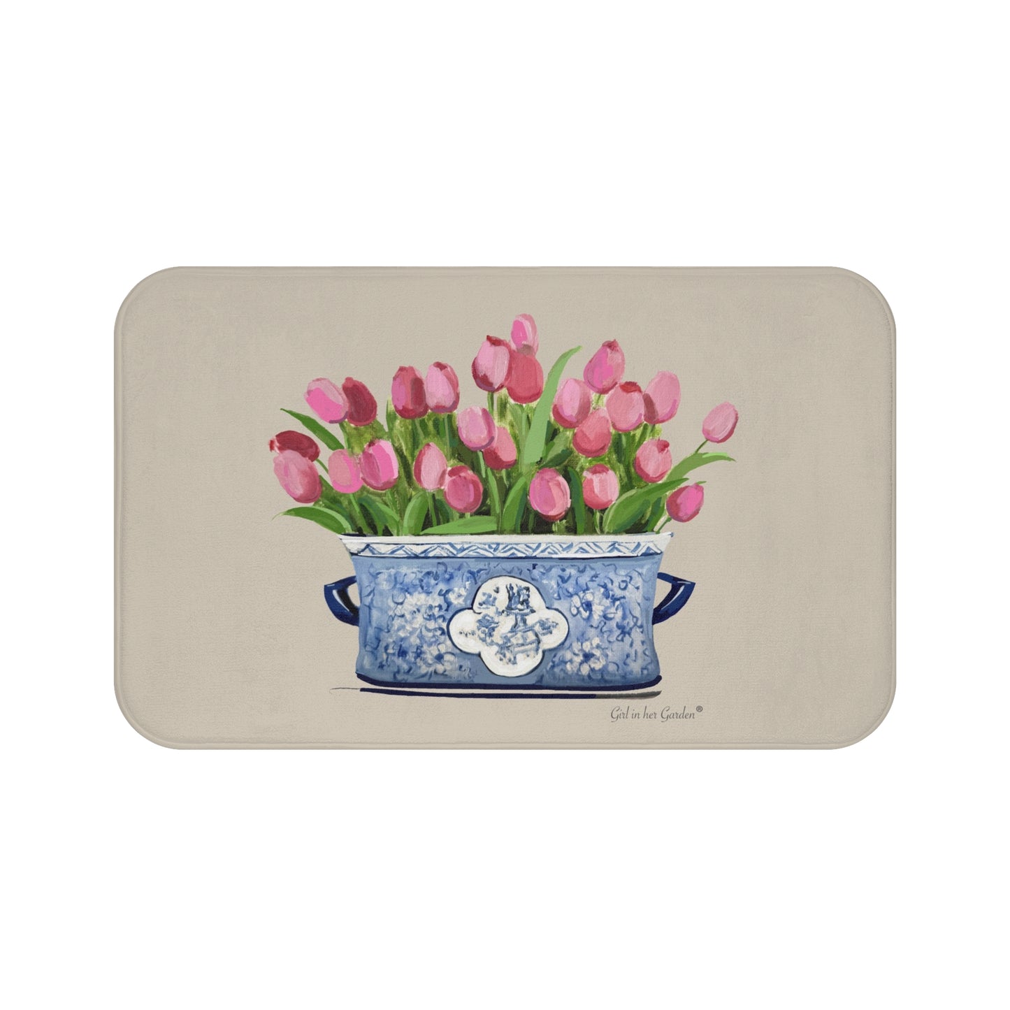 Kitchen, Bath Cushion Mat, Beige Tulip Chinoiserie  Planter