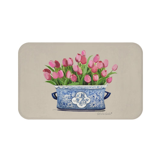 Kitchen, Bath Cushion Mat, Beige Tulip Chinoiserie  Planter