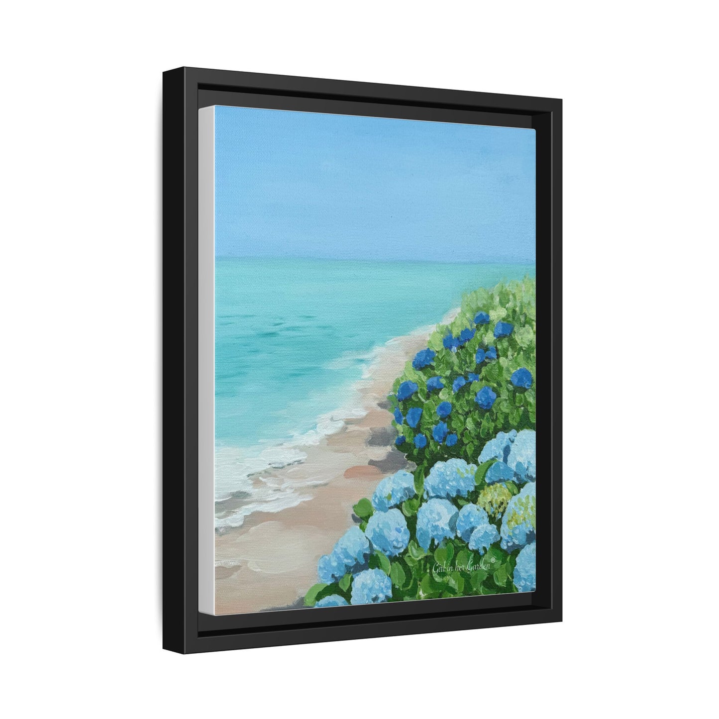 Hydrangeas by The Sea Framed Canvas Print