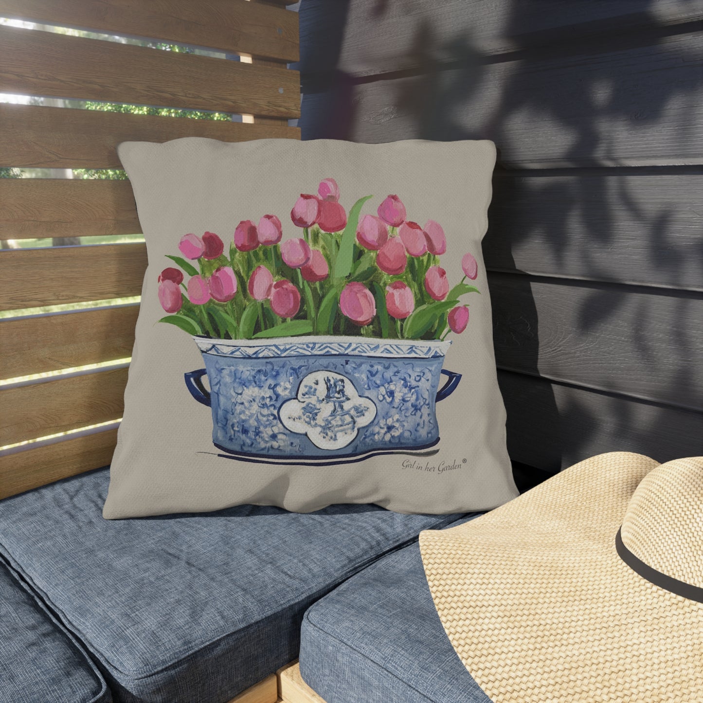Pink Tulips Chinoiserie Beige Outdoor Pillow, Pillow Cover