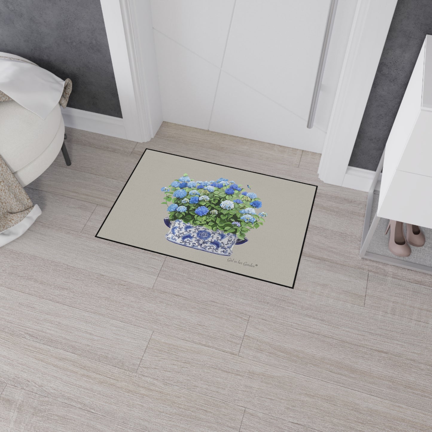 Blue Hydrangeas Chinoiserie Foot Planter 11 Rubber Floor Mat