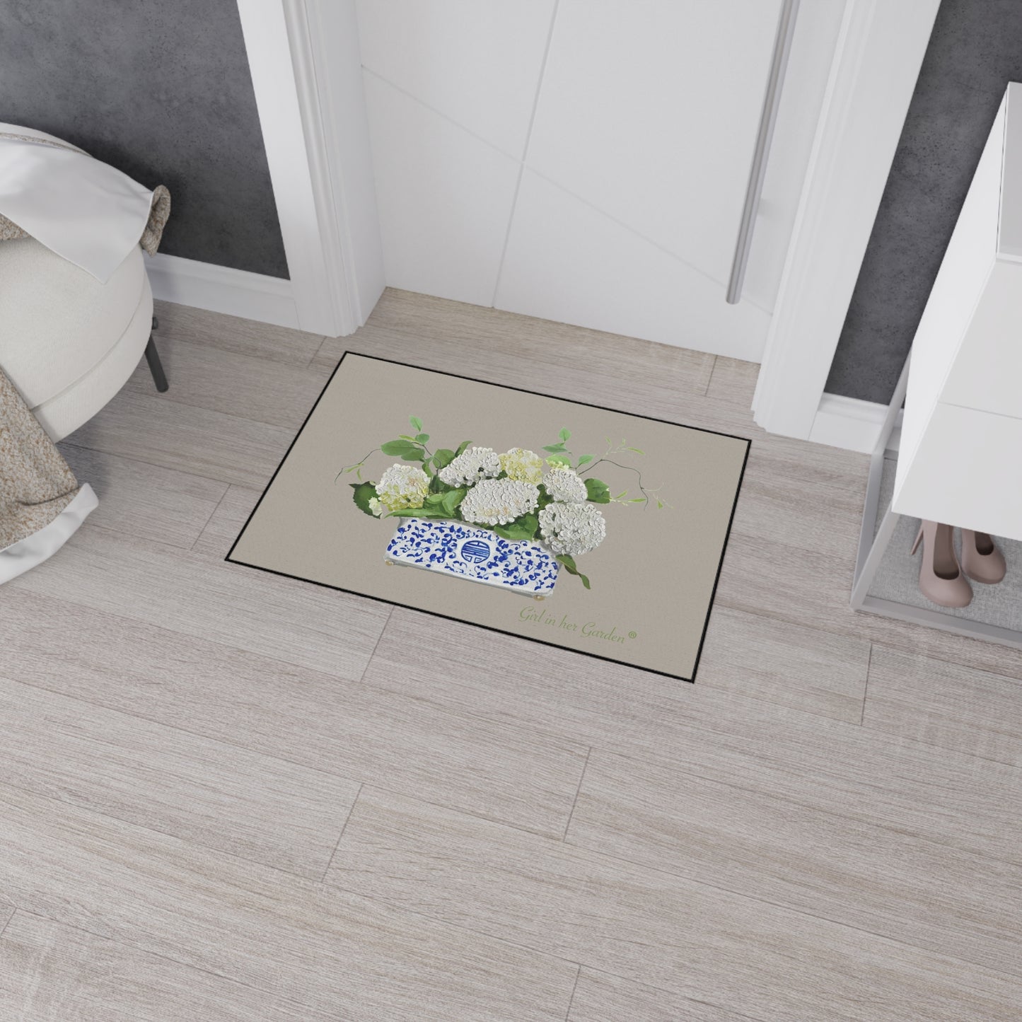 Heavy Duty Indoor Outdoor Rubber Floor Mat, Beige Chinoiserie Planter