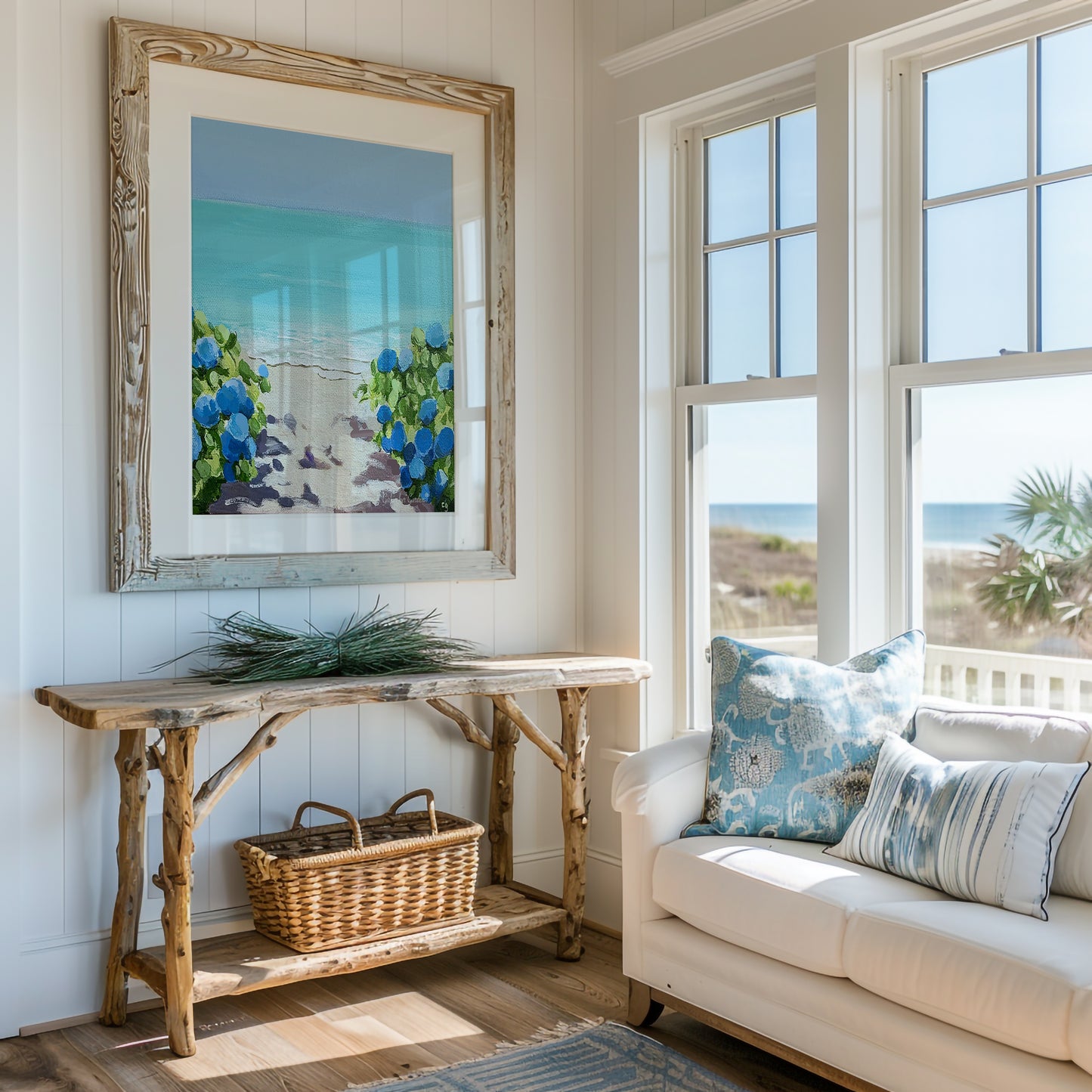 Hydrangeas by the Turquoise Sea, Unframed Poster or Canvas
