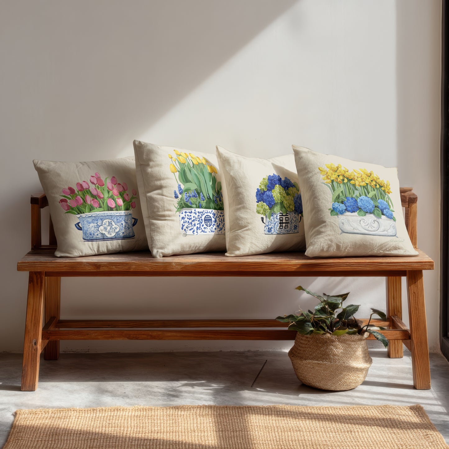Pink Tulips Chinoiserie Planter Pillow, Pillow Cover