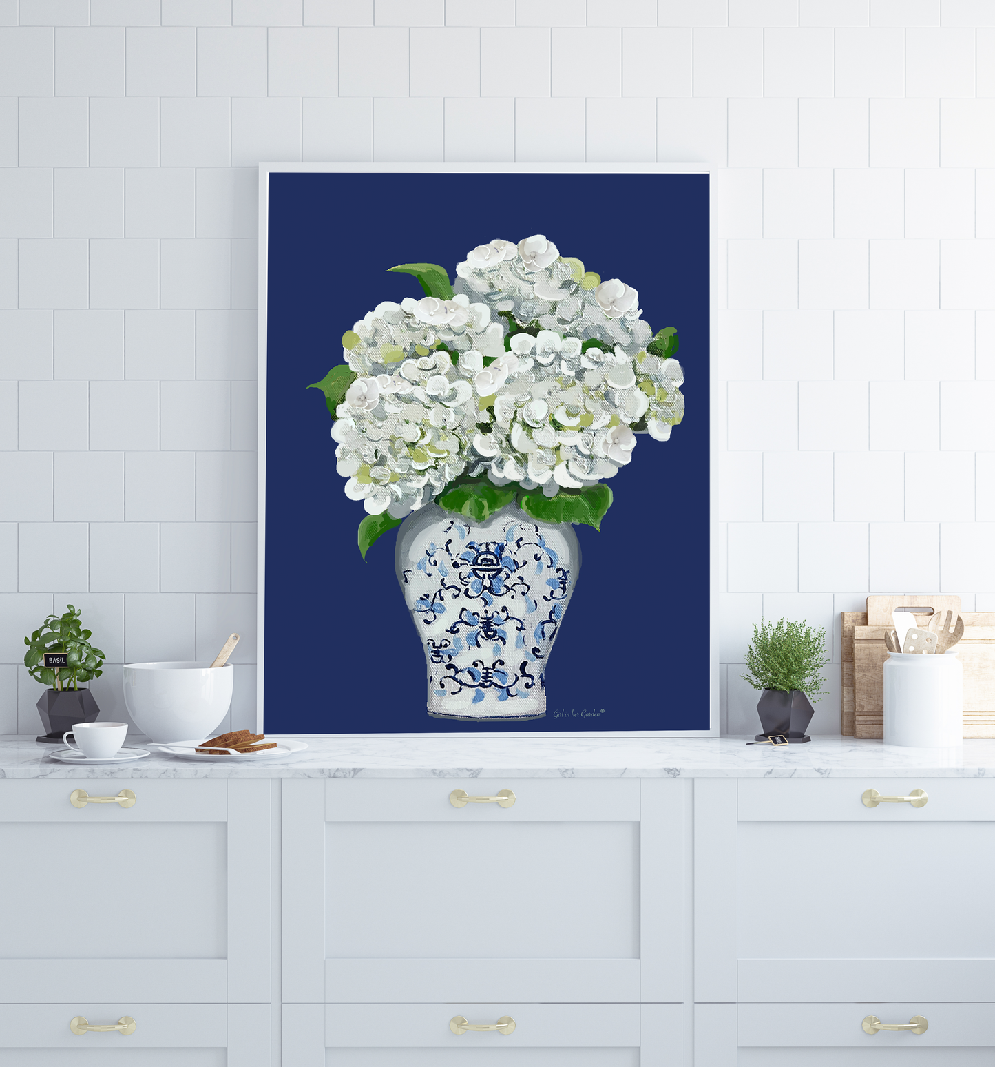 Navy White Hydrangea Canvas