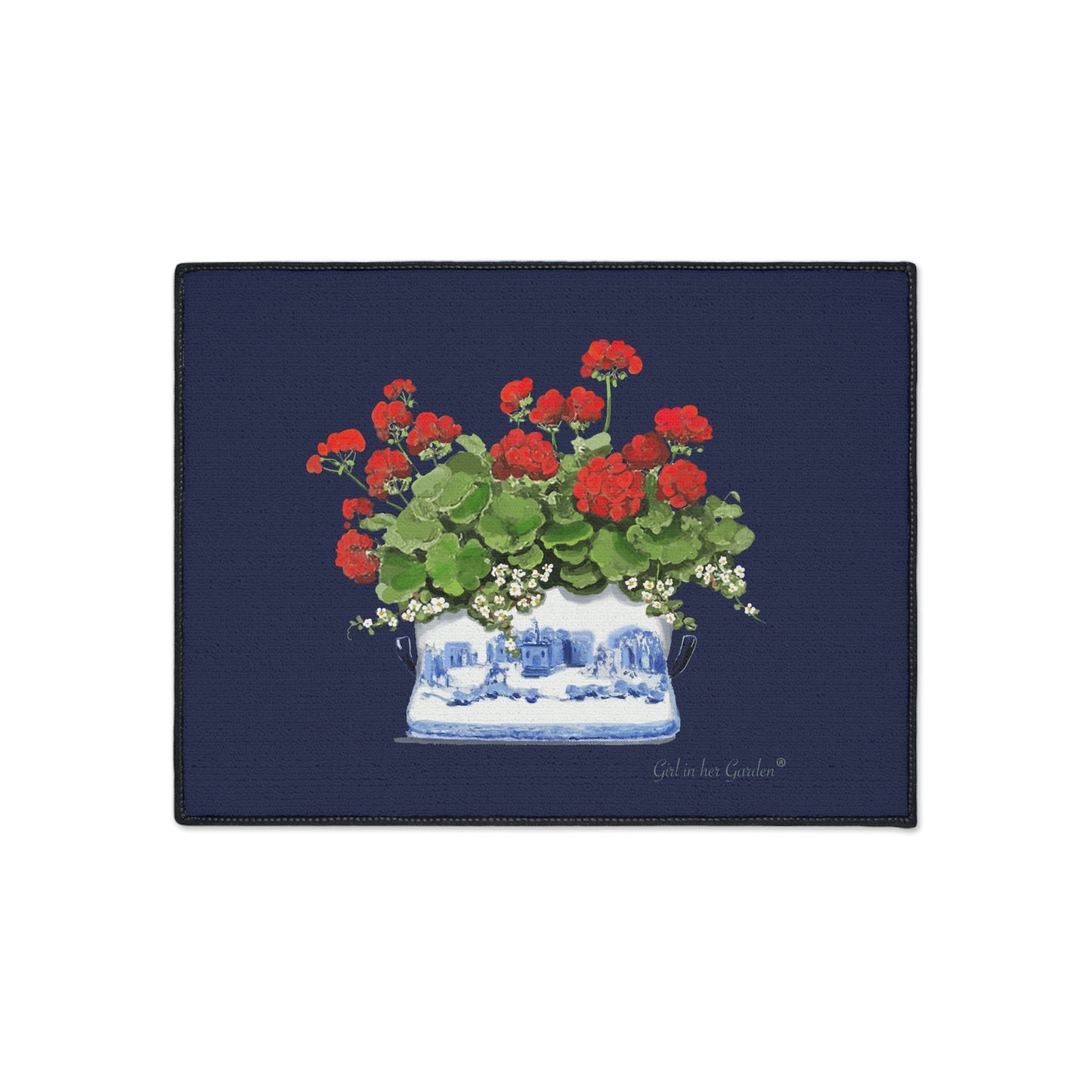 Red Geraniums Navy Chinoiserie Rubber Floor Mat