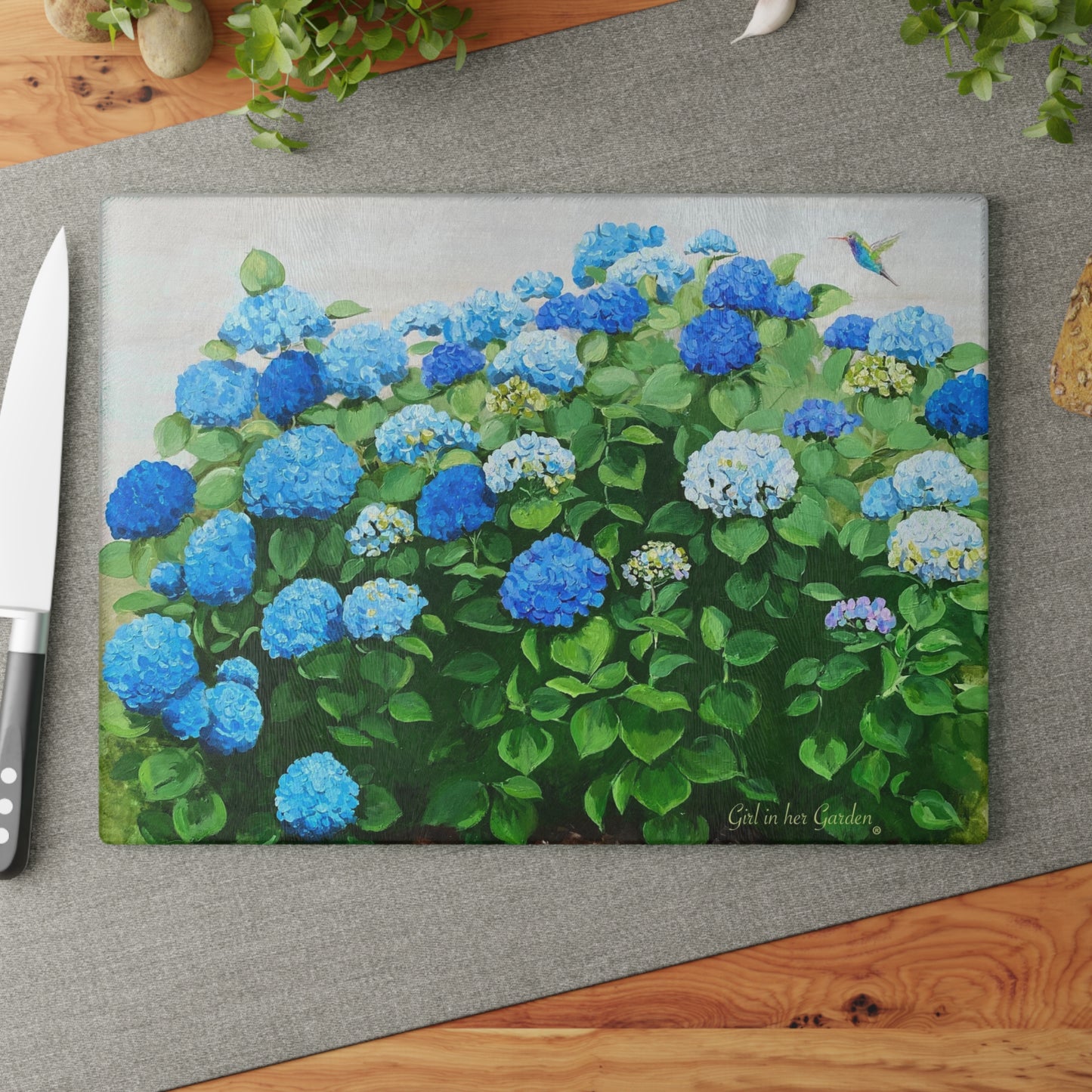 Blue Hydrangea Glass Cutting Board