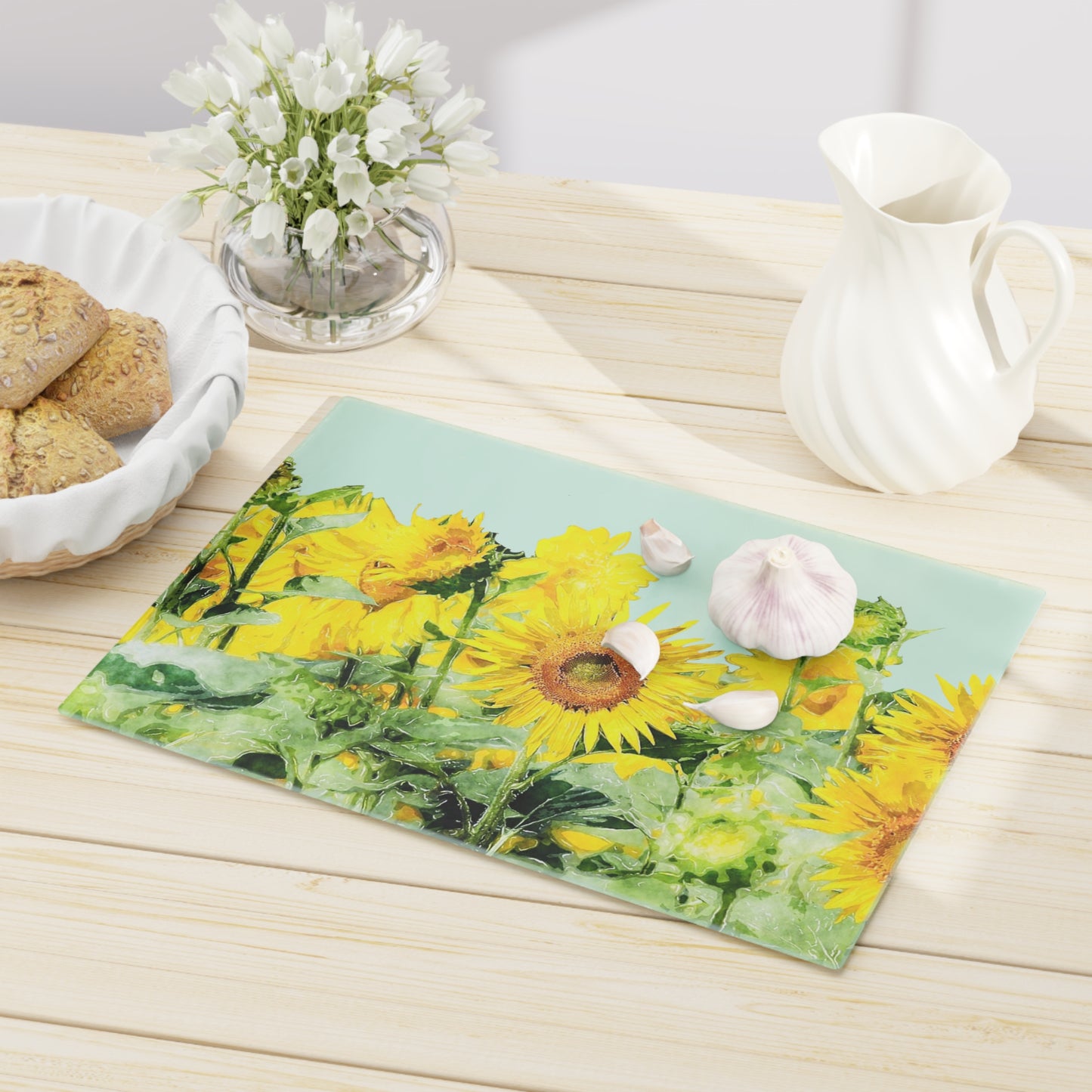 Tempered Glass Cutting Board, Painted Sunflowers