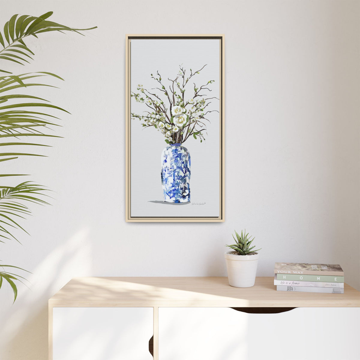 White Flowers Chinoiserie Vase, Framed Canvas