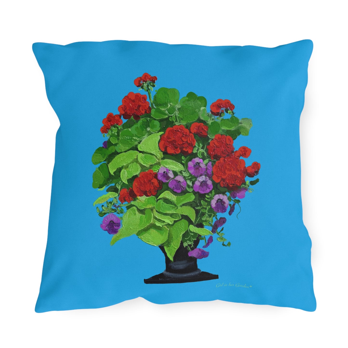 Blue background Red Geraniums Planter  Outdoor Pillows
