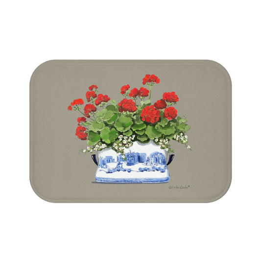 Red Geraniums Beige Kitchen & Bath Cushion Mat