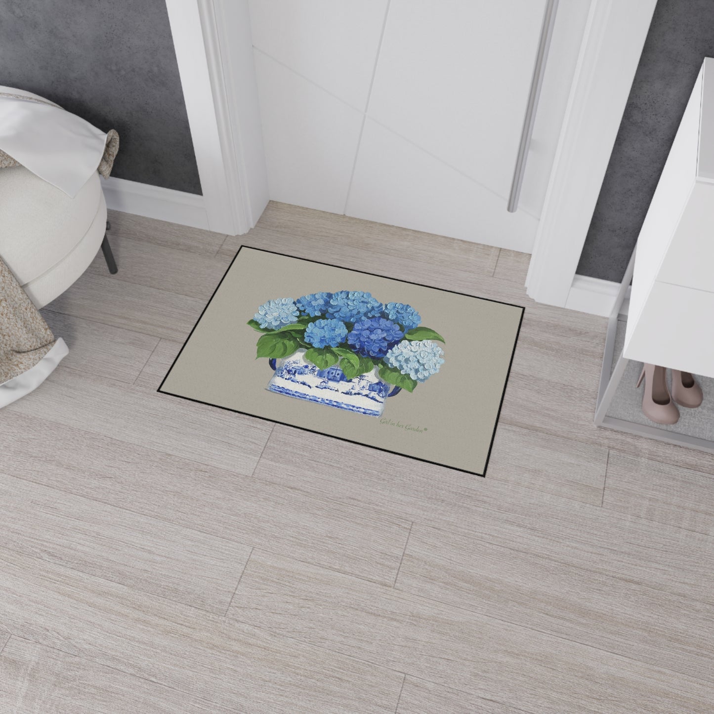 Blue Hydrangeas Chinoiserie Foot Planter Rubber Floor Mat