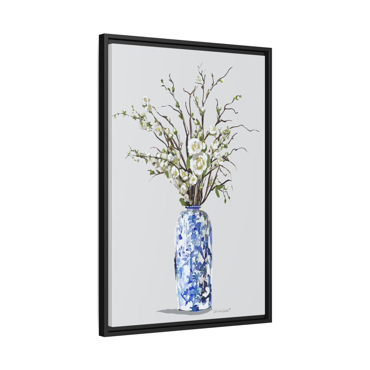 White Flowers Chinoiserie Vase, Framed Canvas