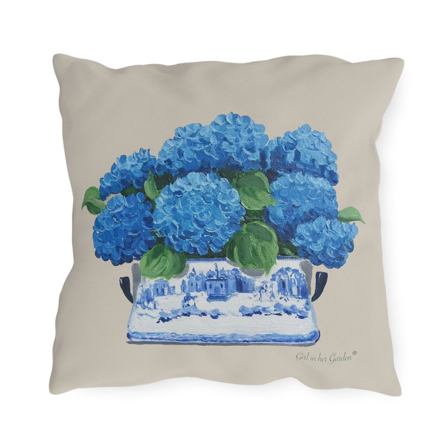 Blue hydrangeas planter Beige Outdoor Pillows