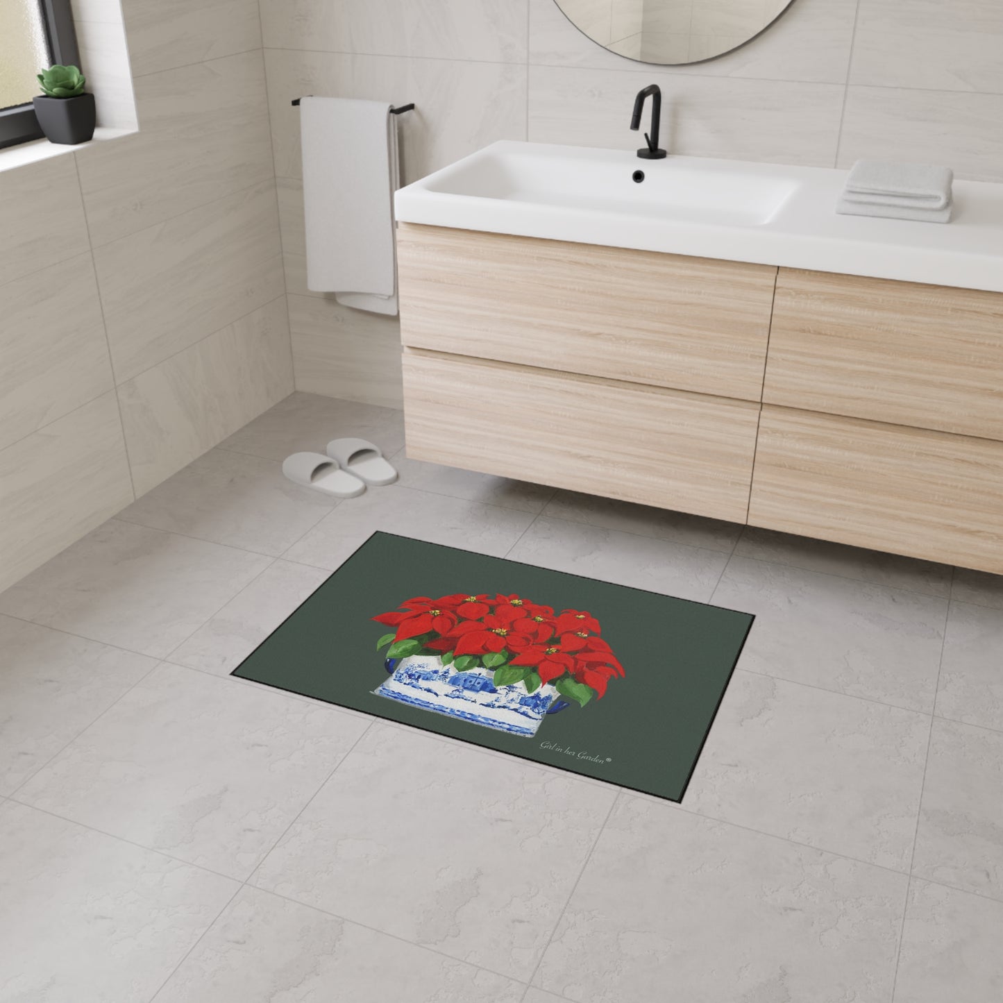 Green Christmas Poinsettias Rubber Floor Mat