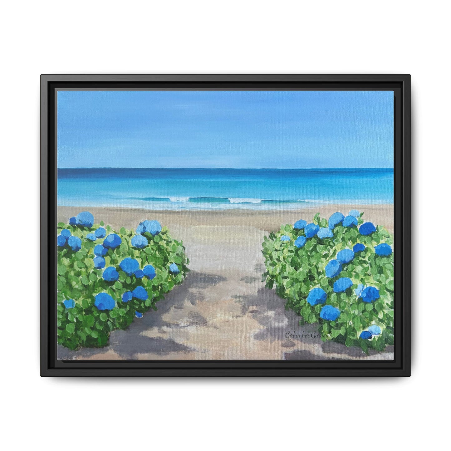 Hydrangeas on the beach Matte Canvas, Framed (Multi-color)