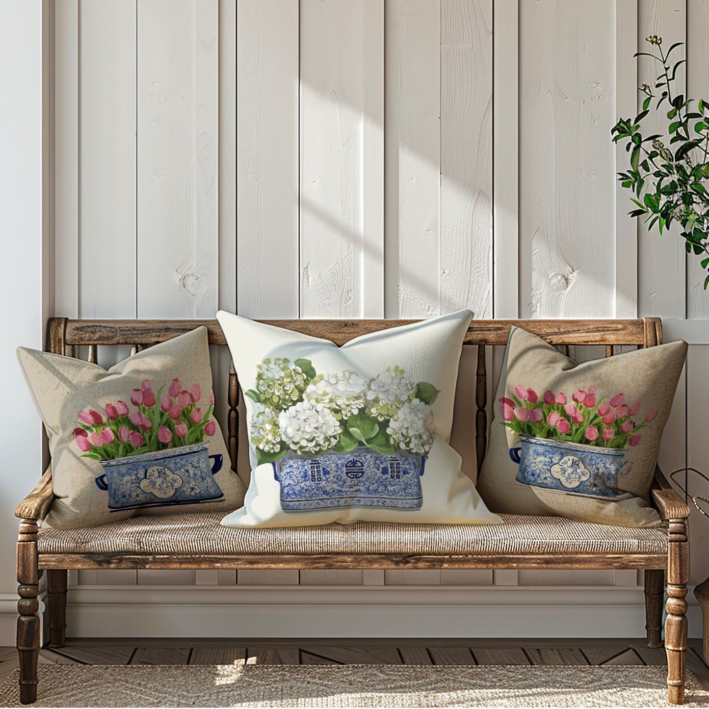 Pink Tulips Chinoiserie Planter Pillow, Pillow Cover