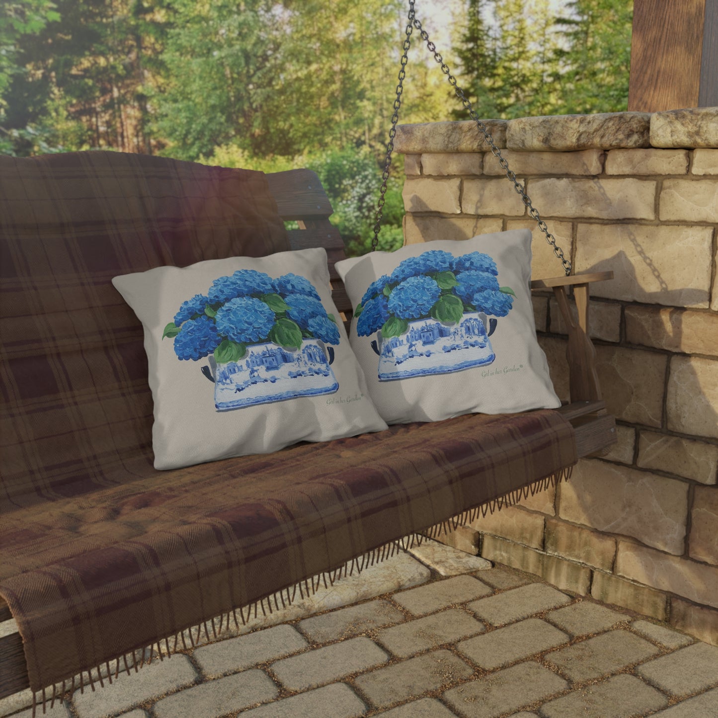 Blue hydrangeas planter Beige Outdoor Pillows