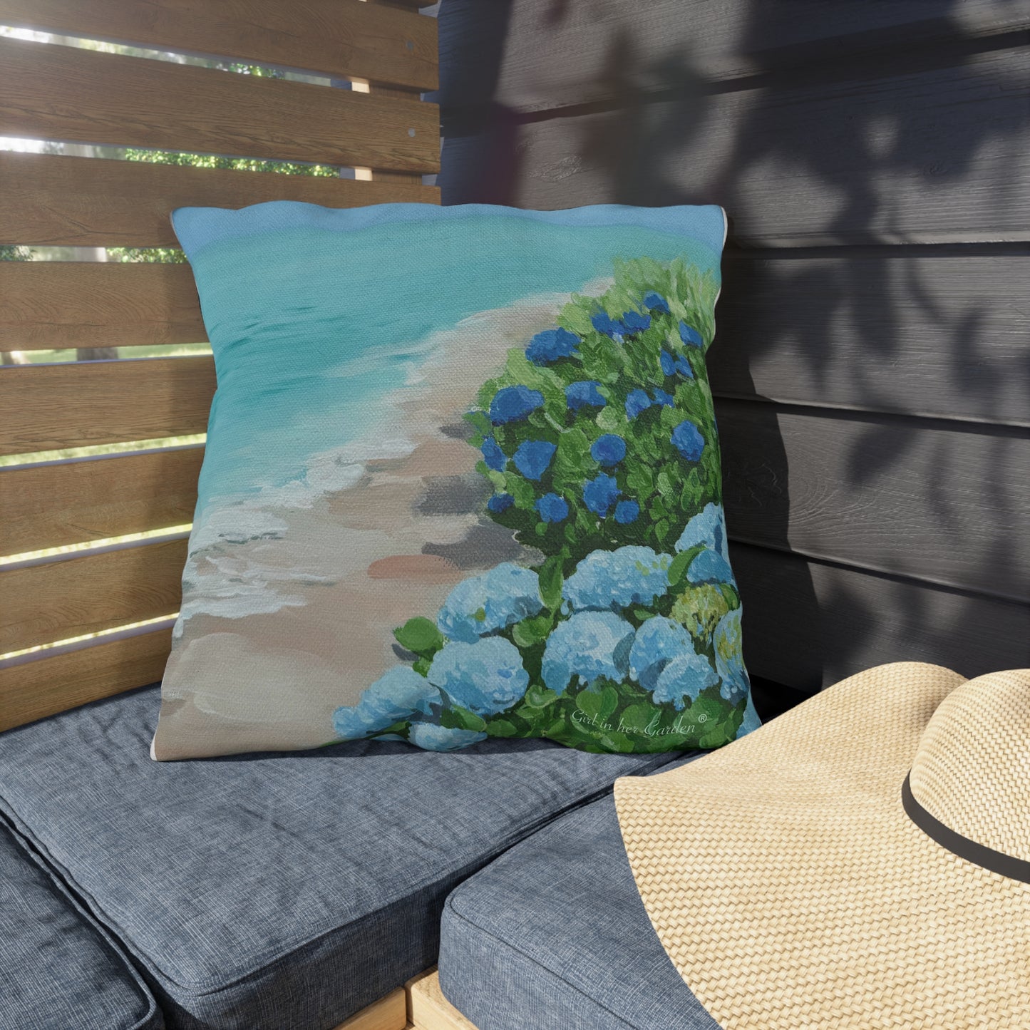 Hydrangeas on the Beach Outdoor Pillows